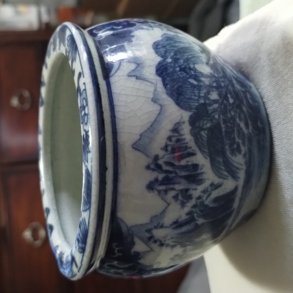 Vintage Blue & White Porcelain Chinese CRACKEL Pot, Signed Calligraphy